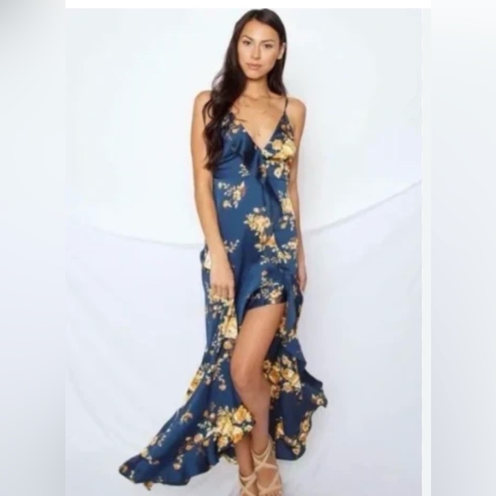 Dress Forum | Blue Satin Floral Ruffle Tank Slip Maxi Dress